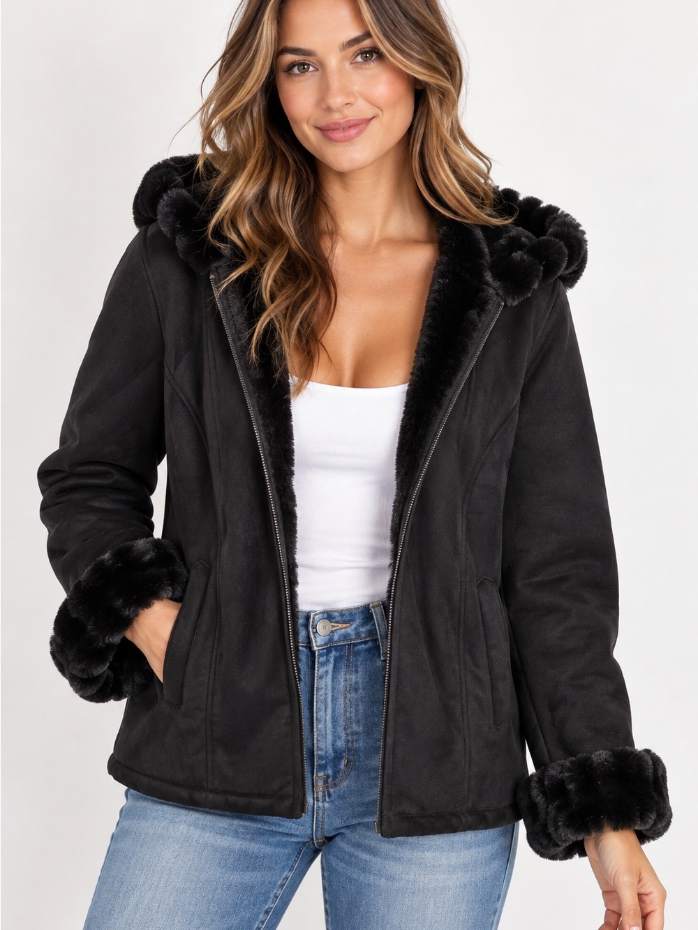 Braetan Black Faux-Fur Trim Hooded Jacket - Women’s coat size 2XL winter plush